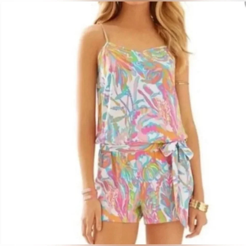 Lilly Pulitzer Womens Pink Print Deanna Shorts Romper Multicolor Straps Small